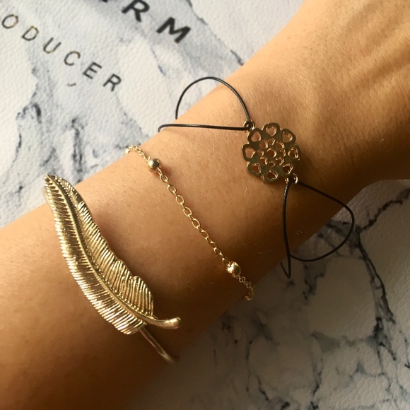 3-Piece Feather and Flower Gold Toned Bracelet Set - Picture 2 of 6